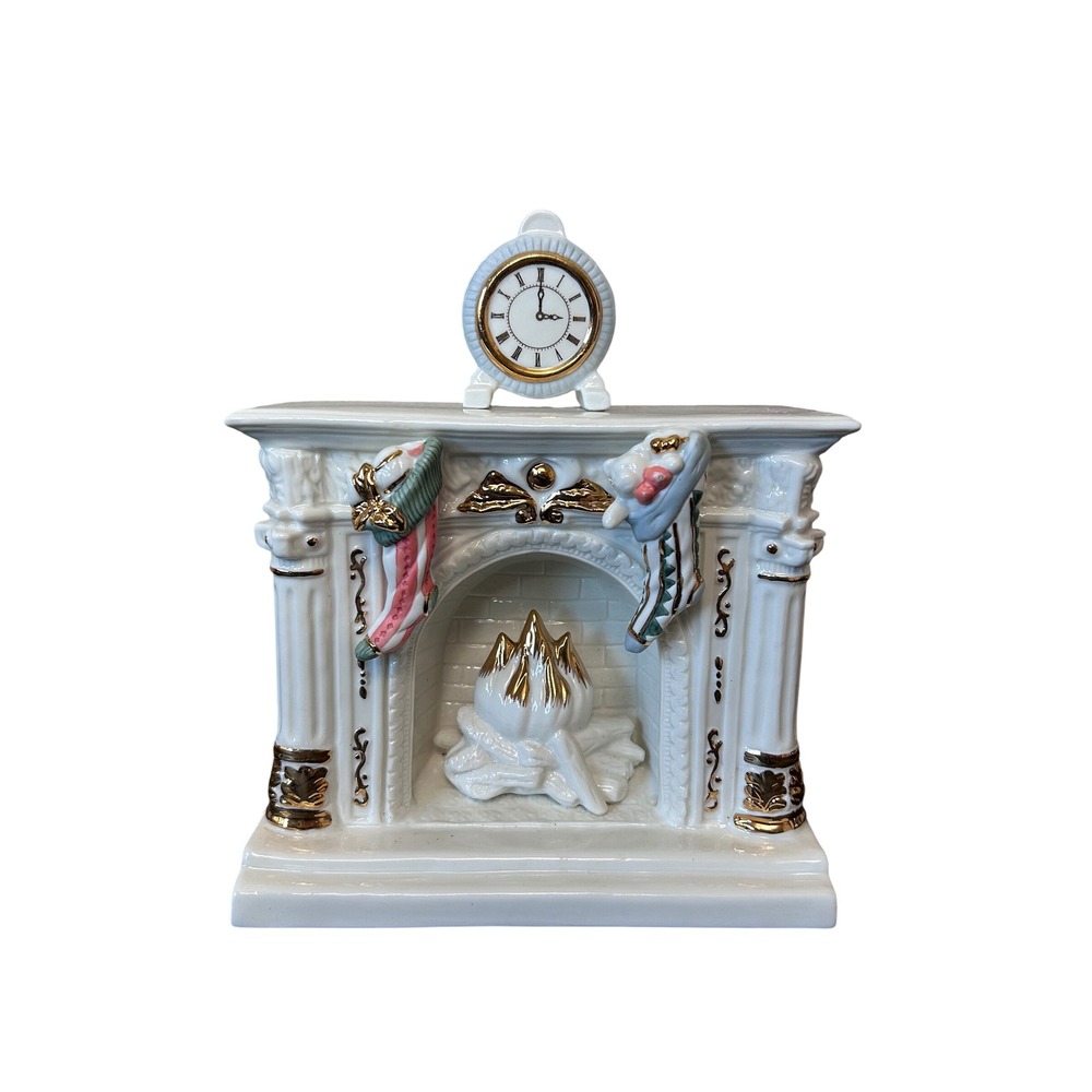 Heritage Mint 2003 White Ceramic Fireplace Clock Christmas Stocking Mantel Decor